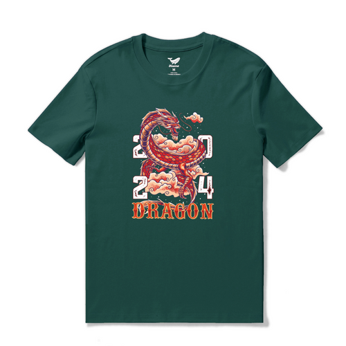 Castlebeard Hawaiian Tee For Men Year of the Dragon 2024 Tee Crew Neck 100% Cotton - DARK GREEN By Shawn