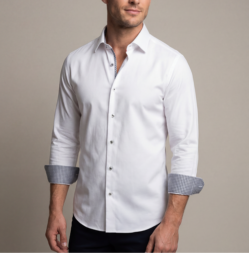 Castlebeard Jason// Cotton Knit-Stretch Button-Up Shirt With Contrast Details // White // Tailored Fit (Fitted)