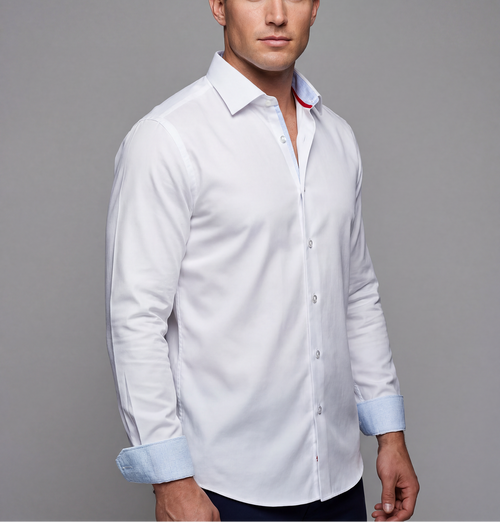 Castlebeard Kenneth// Cotton Knit-Stretch Button-Up Shirt With Contrast Details // White // Tailored Fit (Fitted)