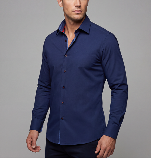 Castlebeard Kevin// Cotton Knit-Stretch Button-Up Shirt With Contrast Details // Navy // Tailored Fit (Fitted)