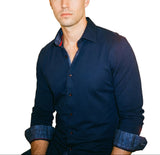 Castlebeard Kevin// Cotton Knit-Stretch Button-Up Shirt With Contrast Details // Navy // Tailored Fit (Fitted), view 3