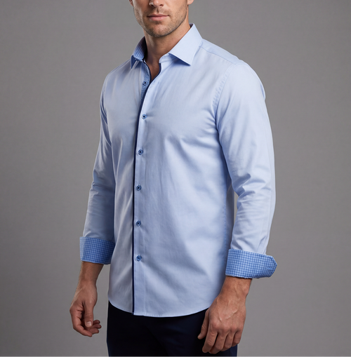 Castlebeard Levy// Cotton Knit-Stretch Button-Up Shirt With Contrast Details // Blue // Tailored Fit (Fitted)