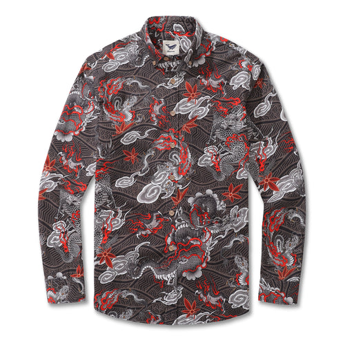 Castlebeard Long Sleeve Hawaiian Shirt For Men The Dragon's Flight Cotton Button-down Aloha Shirt By Sun