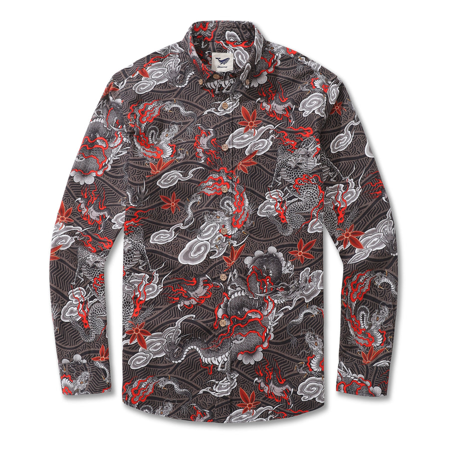 Castlebeard Long Sleeve Hawaiian Shirt For Men The Dragon's Flight Cotton Button-down Aloha Shirt By Sun