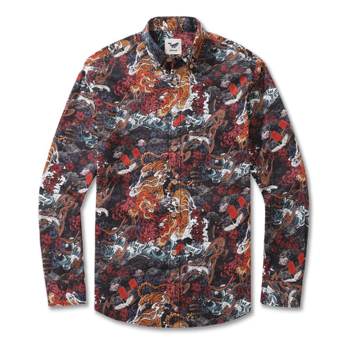 Castlebeard Long Sleeve Hawaiian Shirt For Men Tiger in the Mist Cotton Button-down Aloha Shirt By Yakima