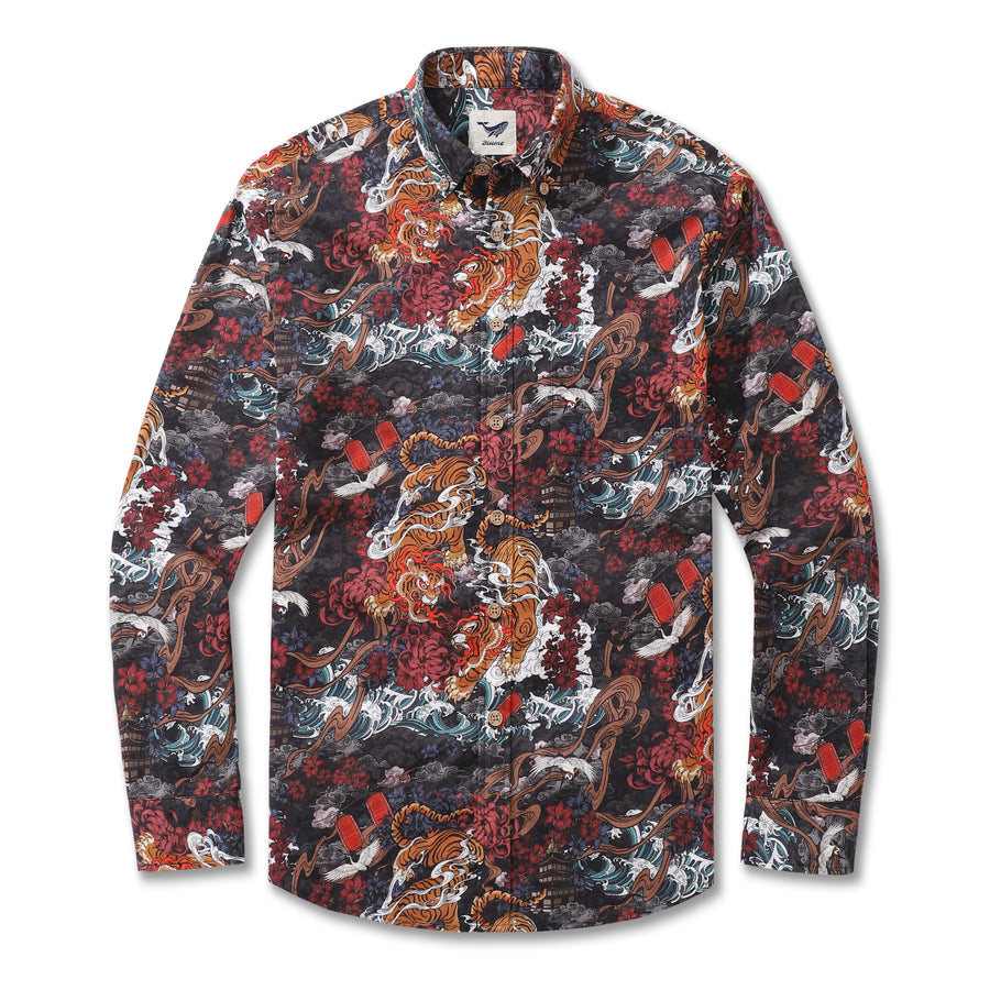 Castlebeard Long Sleeve Hawaiian Shirt For Men Tiger in the Mist Cotton Button-down Aloha Shirt By Yakima