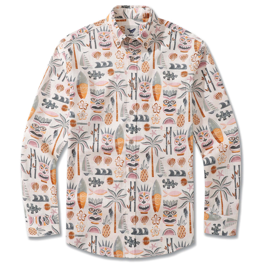 Castlebeard Long Sleeve Hawaiian Shirt For Men Tiki Beach By House of Haricot Cotton Button-down Aloha Shirt