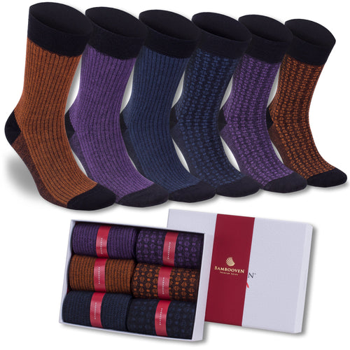 Castlebeard Men’s Bamboo Dress Socks 6-Pack Gift Box, Rust & Purple