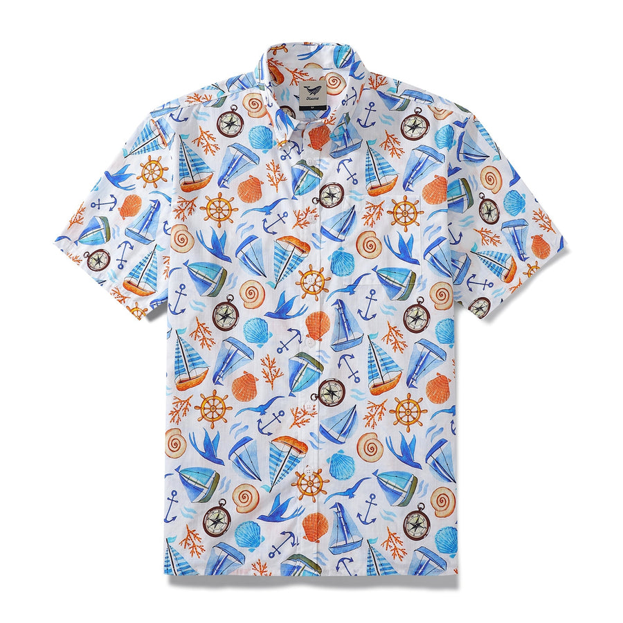 Castlebeard Men's 1970s Vintage Hawaiian Shirt Sailing Adventure Print Cotton Button-down By Julia Madoka