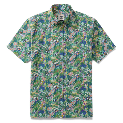 Castlebeard Men's Green Hawaiian Shirt Songe Marin Pattern Cotton Button-down Short Sleeve Aloha Shirt By Lucille Pattern