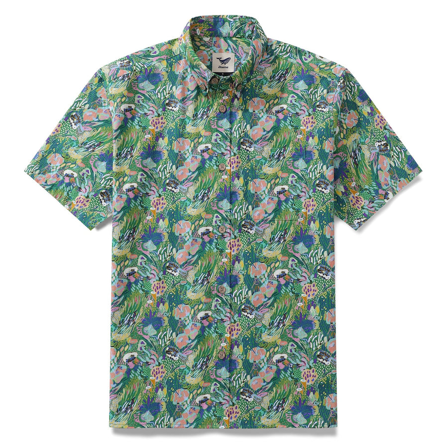 Castlebeard Men's Green Hawaiian Shirt Songe Marin Pattern Cotton Button-down Short Sleeve Aloha Shirt By Lucille Pattern