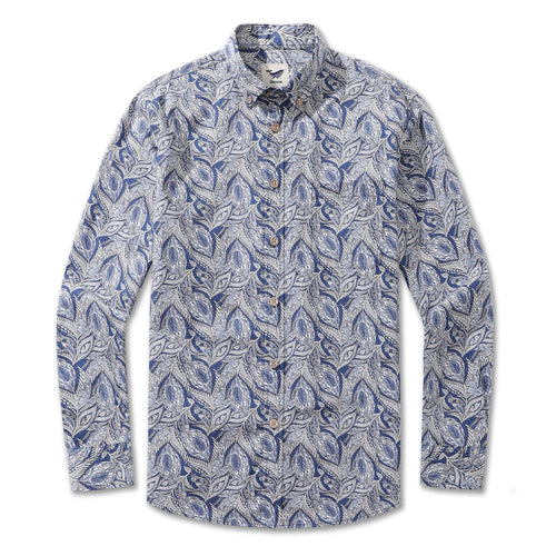 Castlebeard Men's Hawaiian Floral Pattern Series 1 Elm Tree Print Cotton Button-down Long Sleeve Aloha Shirt By Sun