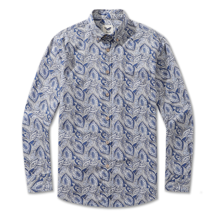 Castlebeard Men's Hawaiian Floral Pattern Series 1 Elm Tree Print Cotton Button-down Long Sleeve Aloha Shirt By Sun