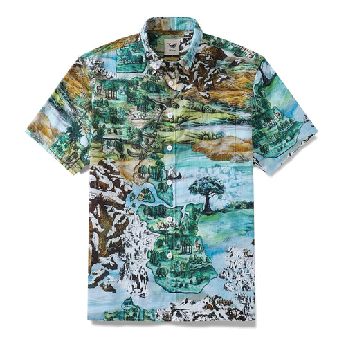 Castlebeard Men's Hawaiian Shirt 1950s Vintage Map Print Cotton Button-down Short Sleeve Aloha Shirt By Sylvia