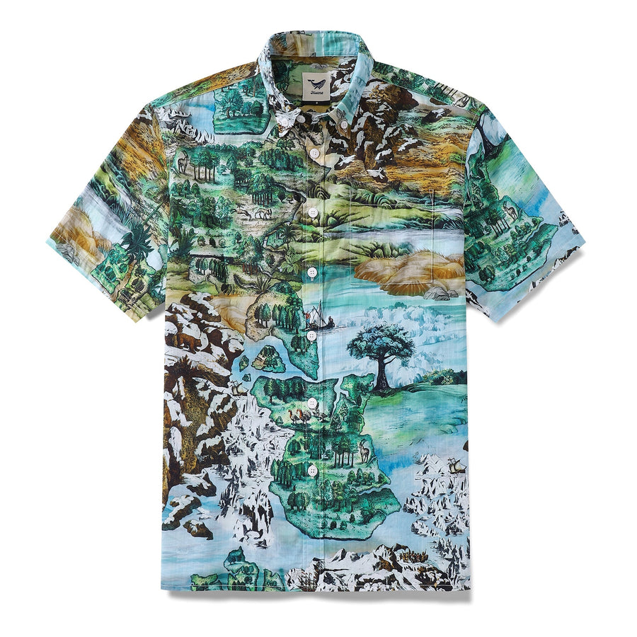 Castlebeard Men's Hawaiian Shirt 1950s Vintage Map Print Cotton Button-down Short Sleeve Aloha Shirt By Sylvia