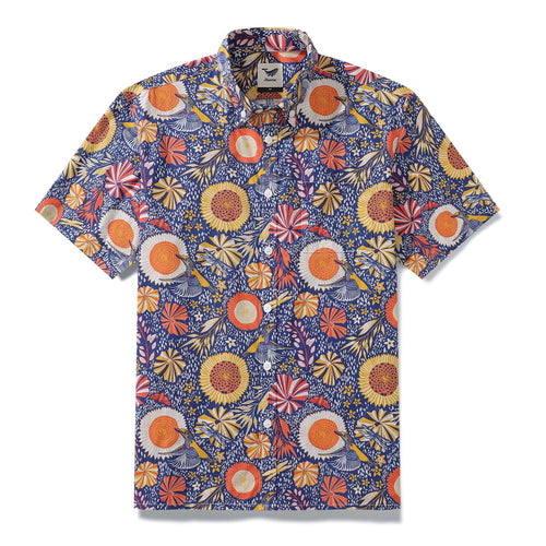 Castlebeard Men's Hawaiian Shirt 1960s Vintage Kingfisher and Flowers Print Cotton Button-down Short Sleeve Aloha Shirt Kingfisher And Flowers By Nina Leth