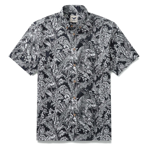 Castlebeard Men's Hawaiian Shirt Black Parrot In The Jungle 100% Cotton Button Down By Amy