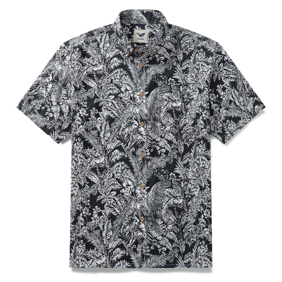 Castlebeard Men's Hawaiian Shirt Black Parrot In The Jungle 100% Cotton Button Down By Amy