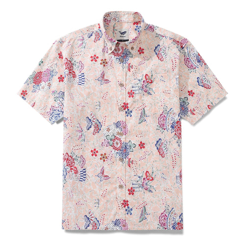 Castlebeard Men's Hawaiian Shirt Blossoms and Butterflies Print Cotton Button-down Short Sleeve Aloha Shirt By Amy