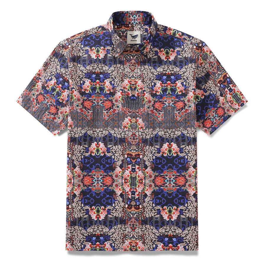 Castlebeard Men's Hawaiian Shirt Blossoms of Antiquity Print 1940s Vintage Short Sleeve Aloha Shirt By Amy