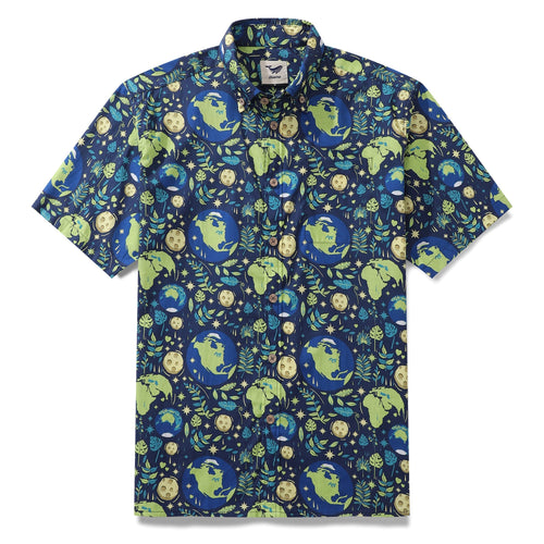 Castlebeard Men's Hawaiian Shirt Blue Planet Earth Day Shirt Cotton Button-down Short Sleeve Aloha Shirt By Yakima