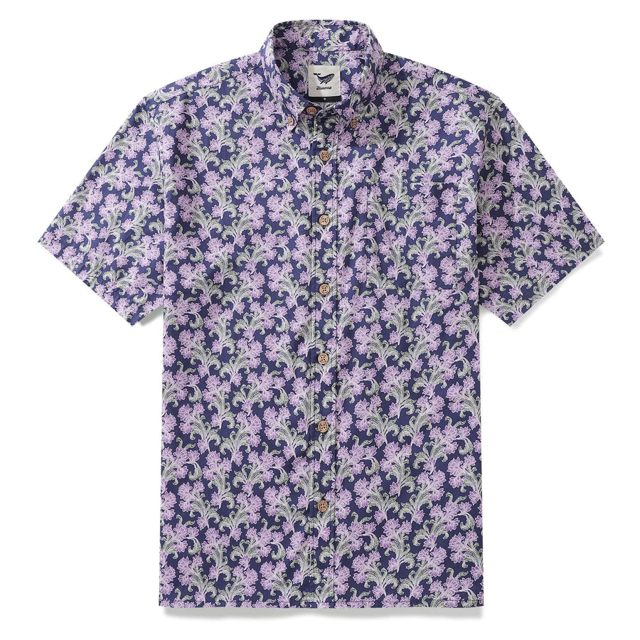 Castlebeard Men's Hawaiian Shirt Button Down Morris Shirt Purple Floral Cotton Aloha Shirt Tribute To William Morris By Amy