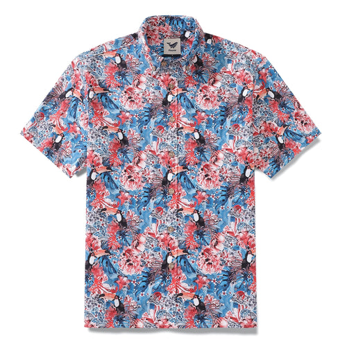 Castlebeard Men's Hawaiian Shirt Exotic Toucan Print By Maya Fatha Cotton Button-down Short Sleeve Aloha Shirt