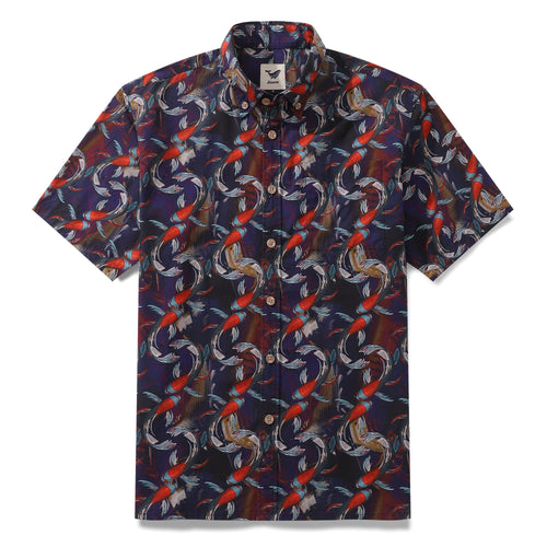 Castlebeard Men's Hawaiian Shirt Good Fortune Koi Print Cotton Button-down Short Sleeve Aloha Shirt By Cigar