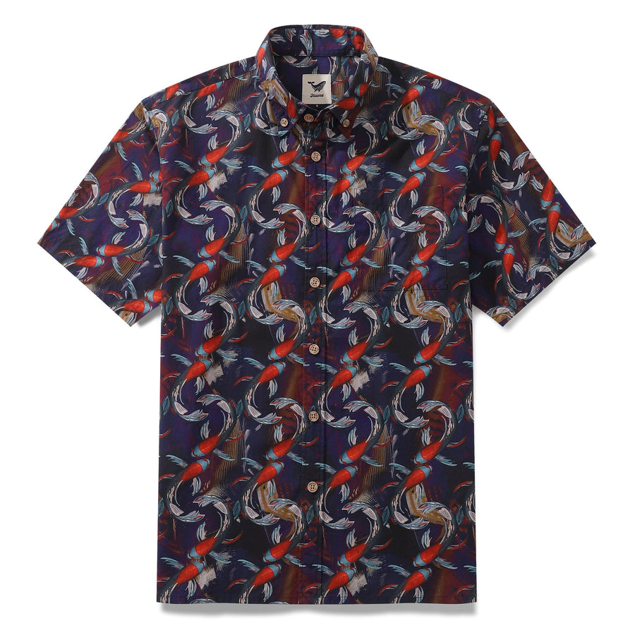 Castlebeard Men's Hawaiian Shirt Good Fortune Koi Print Cotton Button-down Short Sleeve Aloha Shirt By Cigar