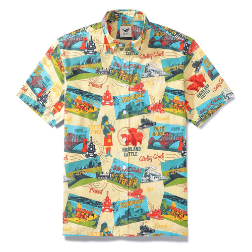 Castlebeard Men's Hawaiian Shirt Heritage Railway Scotland Print 1940s Vintage Short Sleeve Aloha Shirt By Vyoma Soni