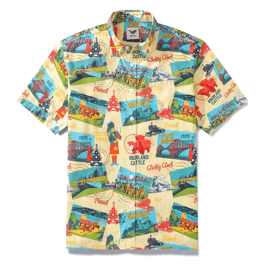 Castlebeard Men's Hawaiian Shirt Heritage Railway Scotland Print 1940s Vintage Short Sleeve Aloha Shirt By Vyoma Soni