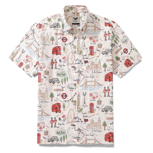 Castlebeard Men's Hawaiian Shirt Icons of Old London Town Print By Noopur Cotton Button-down Short Sleeve Aloha Shirt