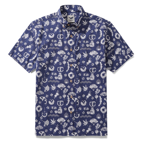 Castlebeard Men's Hawaiian Shirt Kyoto Memories By House of Haricot Cotton Button-down Short Sleeve Aloha Shirt