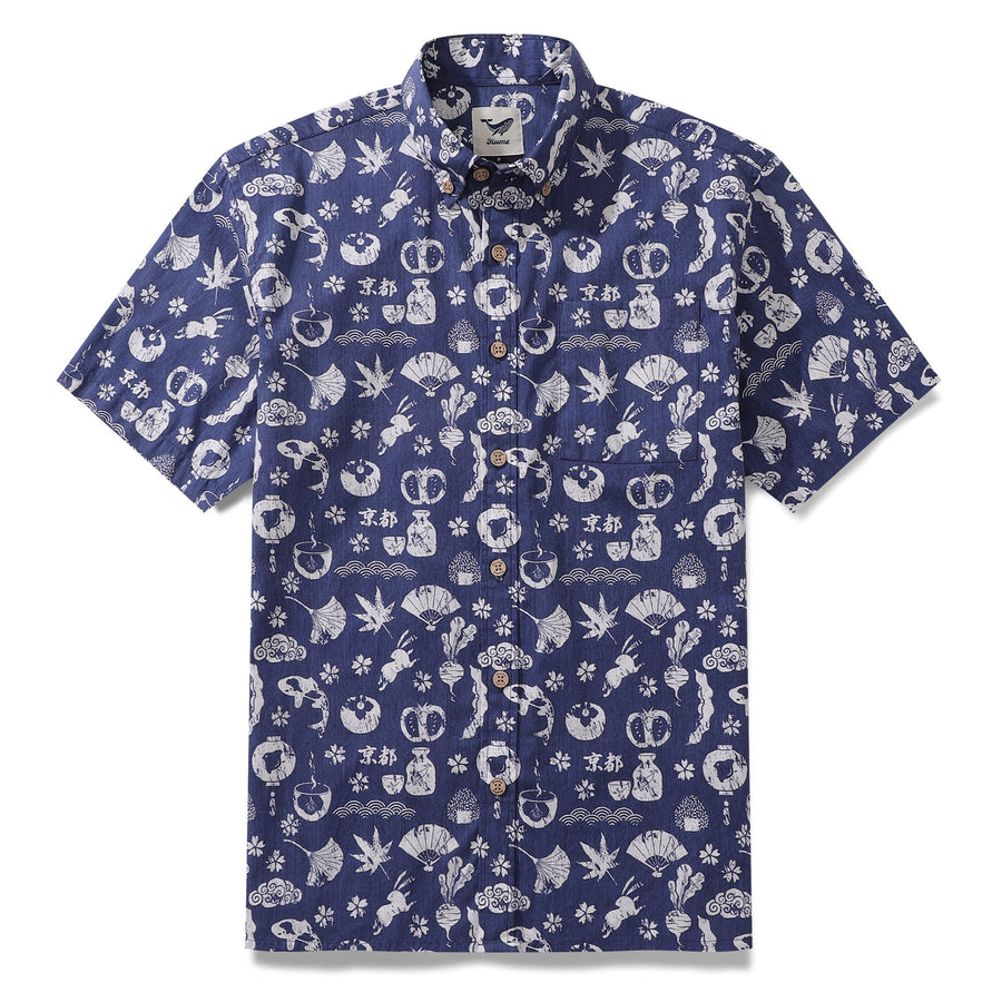 Castlebeard Men's Hawaiian Shirt Kyoto Memories By House of Haricot Cotton Button-down Short Sleeve Aloha Shirt