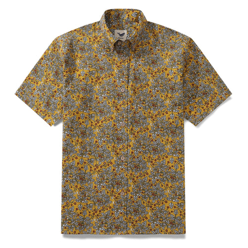 Castlebeard Men's Hawaiian Shirt Leaves and Flowers Print Cotton Button-down Short Sleeve Aloha Shirt By Yakima