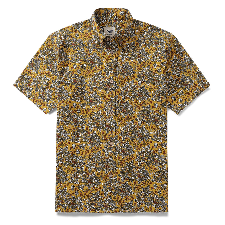 Castlebeard Men's Hawaiian Shirt Leaves and Flowers Print Cotton Button-down Short Sleeve Aloha Shirt By Yakima