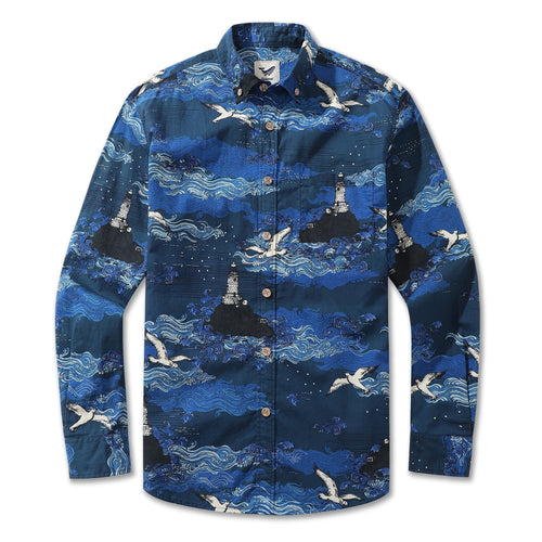 Castlebeard Men's Hawaiian Shirt Lighthouse By Alice Brown Cotton Button-down Long Sleeve Aloha Shirt
