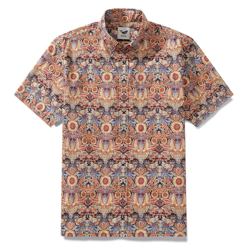 Castlebeard Men's Hawaiian Shirt Mystical Garden Print Cotton 1940s Vintage Short Sleeve Aloha Shirt By Sylvia