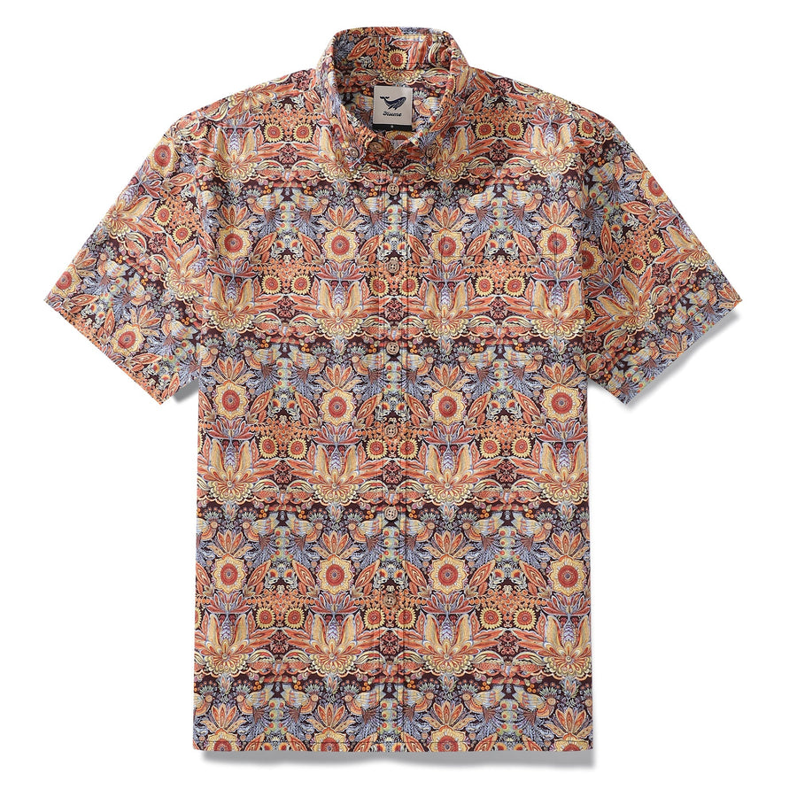 Castlebeard Men's Hawaiian Shirt Mystical Garden Print Cotton 1940s Vintage Short Sleeve Aloha Shirt By Sylvia