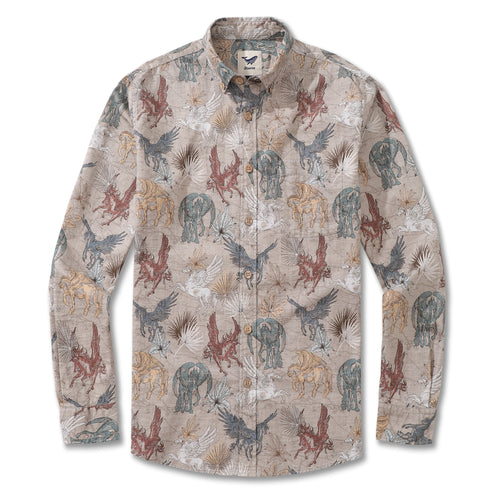 Castlebeard Men's Hawaiian Shirt Pegasus in Flight Cotton Button-down Long Sleeve Aloha Shirt By Sherry