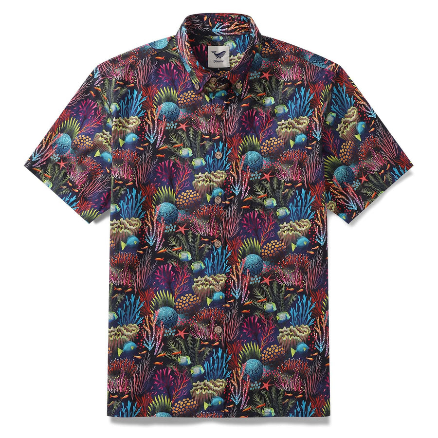 Castlebeard Mens Hawaiian Shirt Short Sleeve Fish Shirt Coral Reef Cotton Beach Shirt Magical World Coral Reef By Uta Krogmann