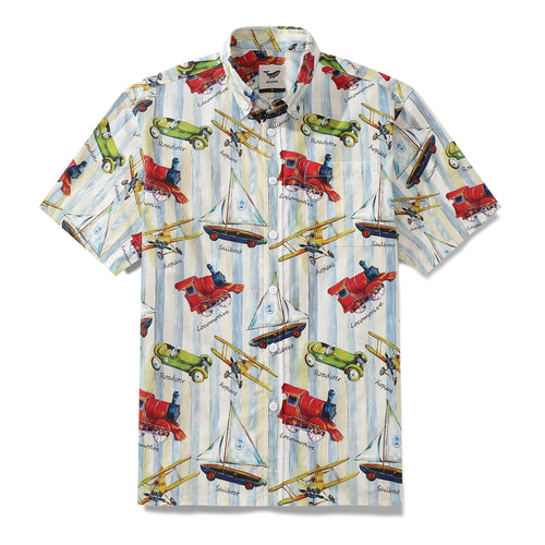 Castlebeard Men's Hawaiian Shirt Travel Memories Print Cotton Button-down Short Sleeve Aloha Shirt