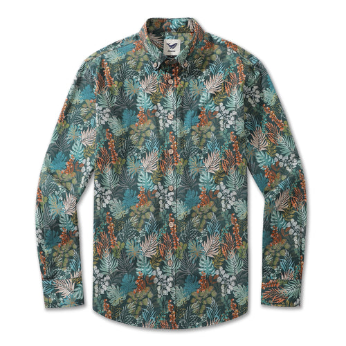 Castlebeard Men's Hawaiian Shirt Tropical Night Emerald Leaves Print By Annick Cotton Button-down Long Sleeve Aloha Shirt