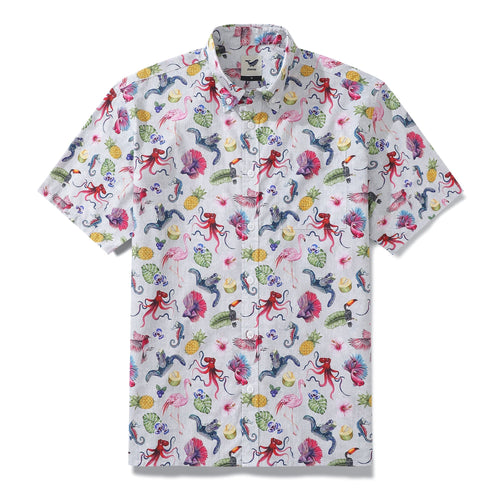 Castlebeard Men's Hawaiian Shirt Tropical Symphony Print Cotton Button-down Short Sleeve Aloha Shirt By Amy