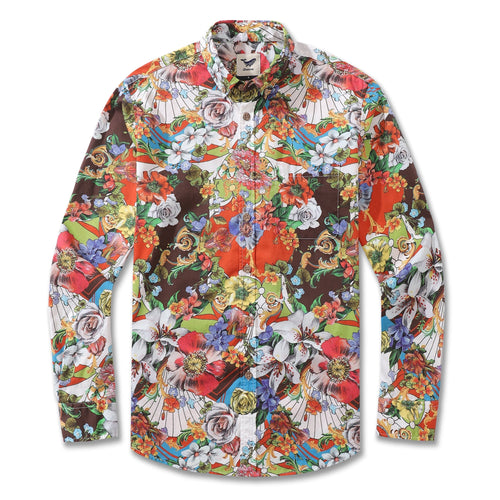 Castlebeard Men's Hawaiian Shirt Vibrant Blooms 1930s Vintage Long Sleeve Aloha Shirt By Amy