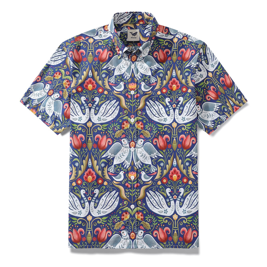 Castlebeard Men's Hawaiian Shirt Vintage Birds Print By Julia Madoka Cotton Button-down Short Sleeve Aloha Shirt