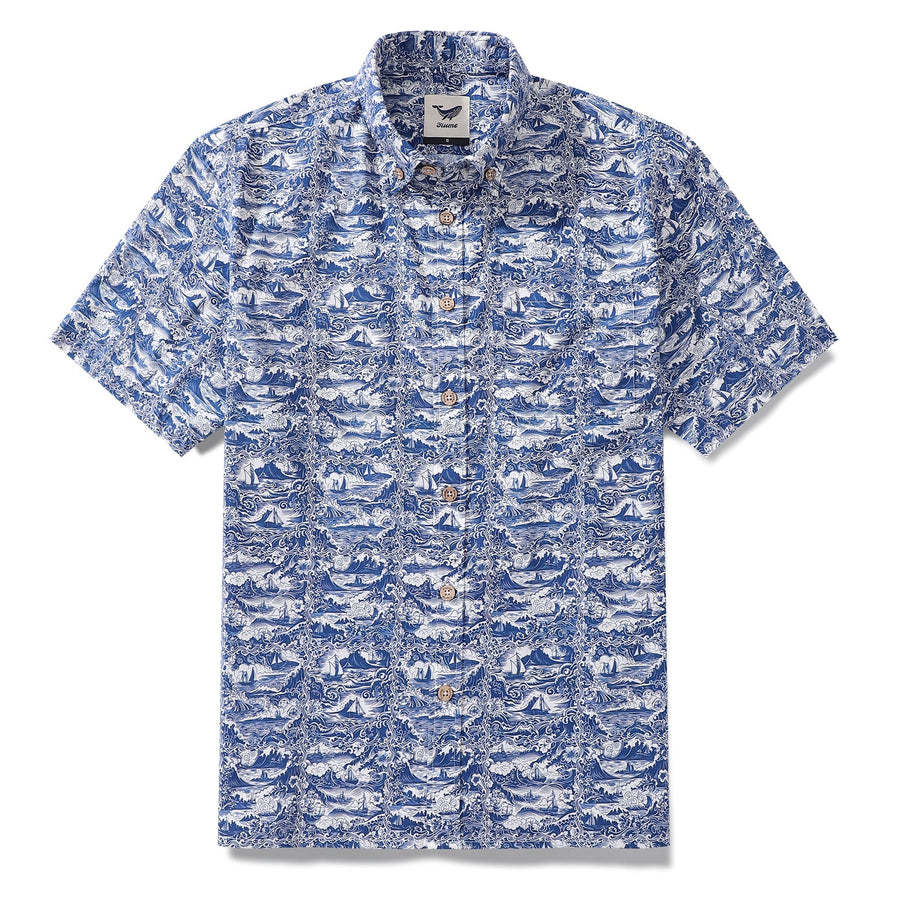 Castlebeard Men's Hawaiian Shirt Voyage of Discovery Print Cotton Button-down Short Sleeve Aloha Shirt By Amy