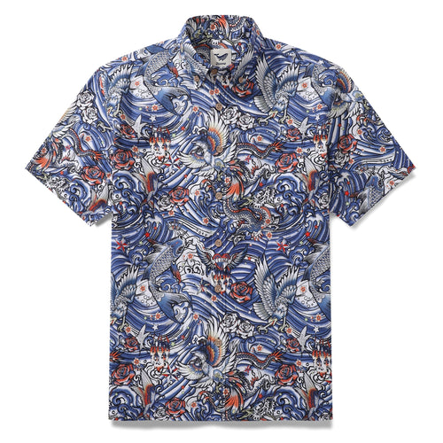 Castlebeard Men's Hawaiian Shirt Zen Waves - Tattoo Harmony Cotton Button-down Short Sleeve Aloha Shirt By Yakima