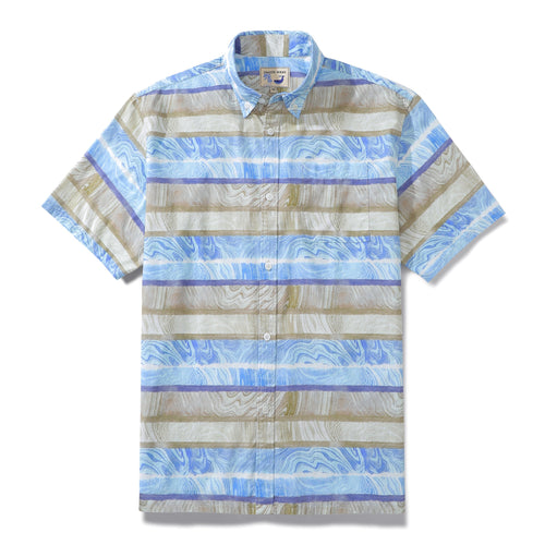 Castlebeard Men's Horizontal Stripe Shirt Blue Waves Print Casual Short Sleeve Button Down By Sylvia
