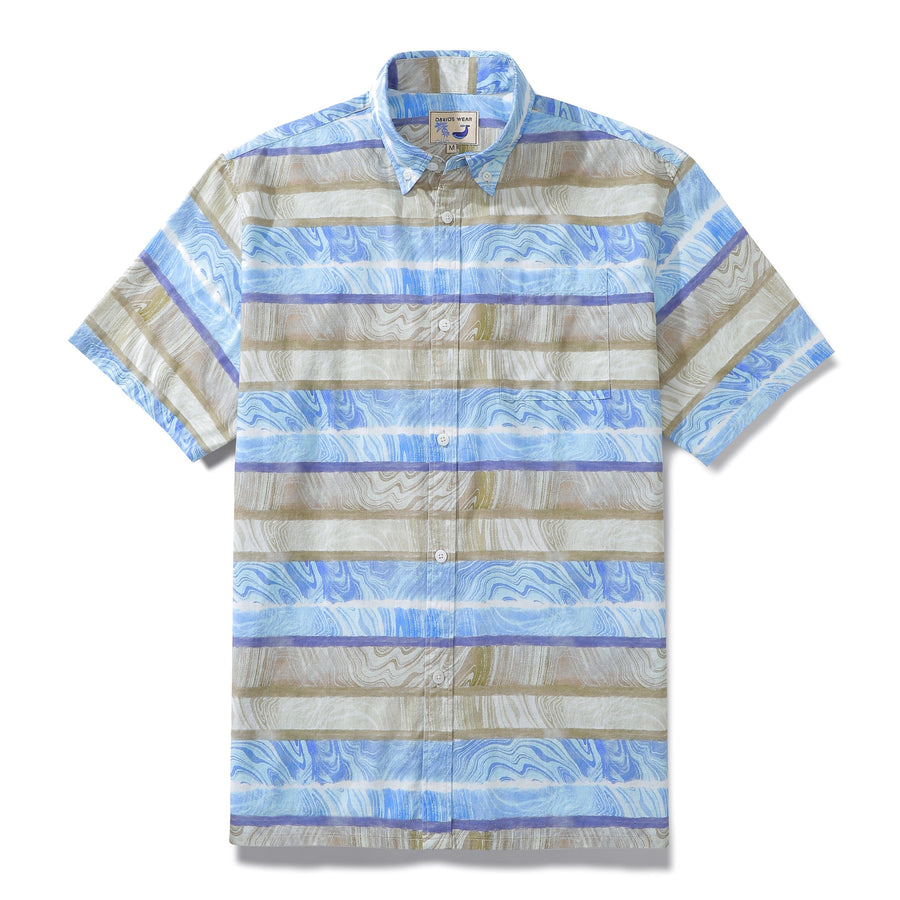 Castlebeard Men's Horizontal Stripe Shirt Blue Waves Print Casual Short Sleeve Button Down By Sylvia